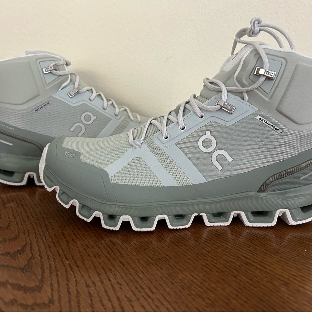 On Running Women's Waterproof Trail Runners in Sage Green and Light Gray